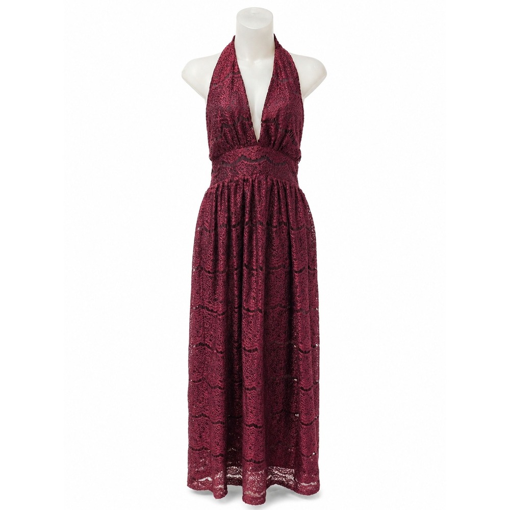 Halter Maxi Dress Audrey 3+1 Burgundy Lace Halter Deep VNeck Open Back Small NWT - Picture 2 of 5